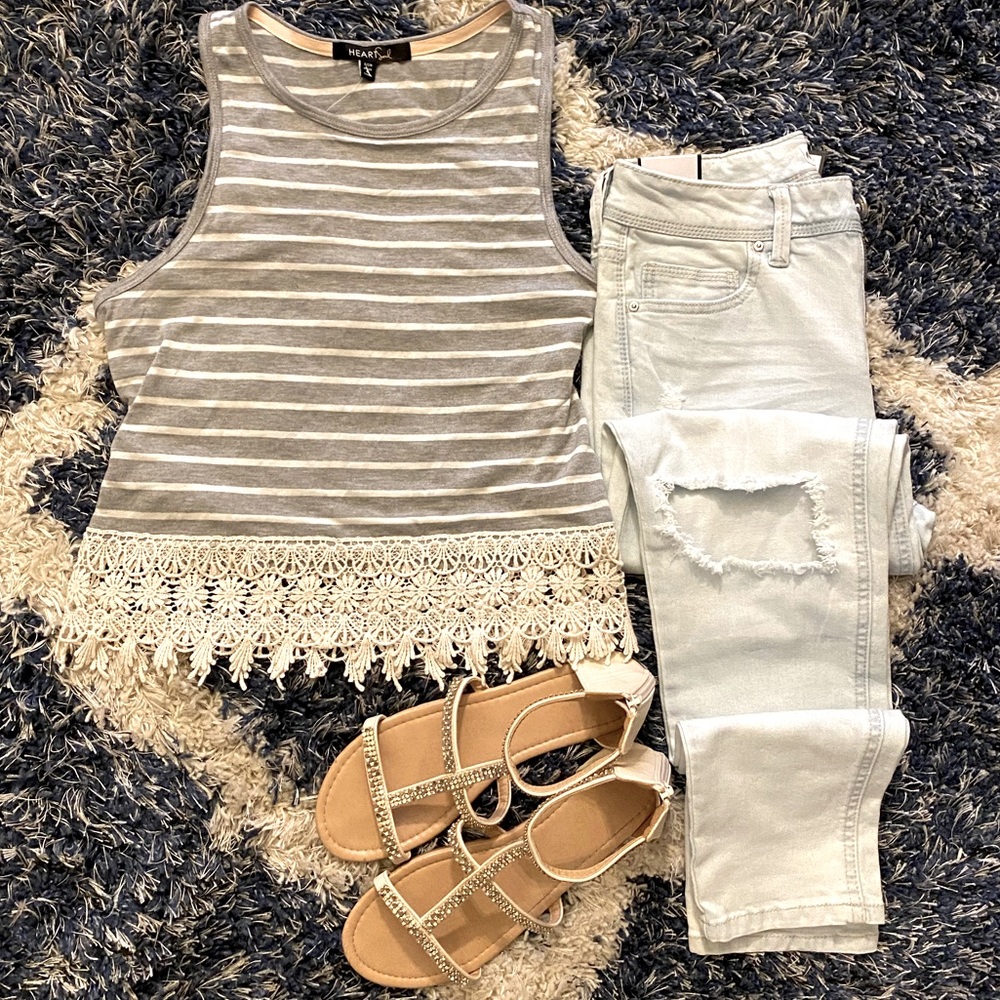 Gray and white Sleeveless Tank top by HEART Soul Gray Stripe Lace-Trim Tank